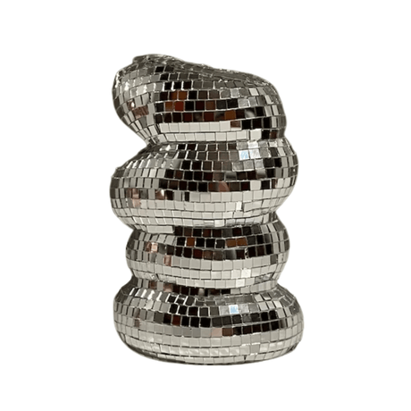 Decorative vase with a silver, mosaic-like finish on a white background