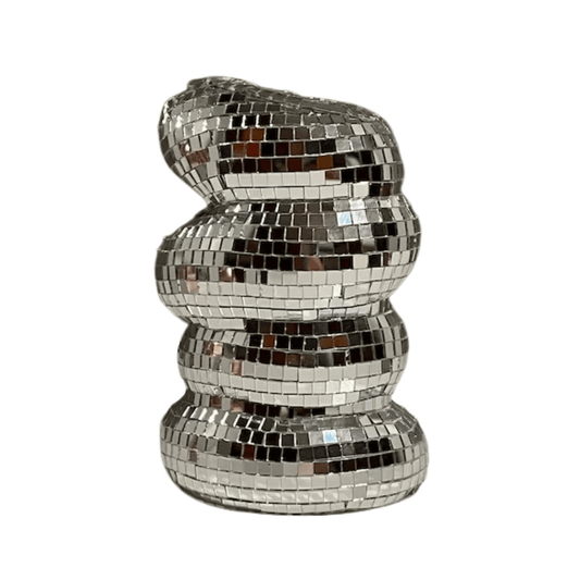 Decorative vase with a silver, mosaic-like finish on a white background