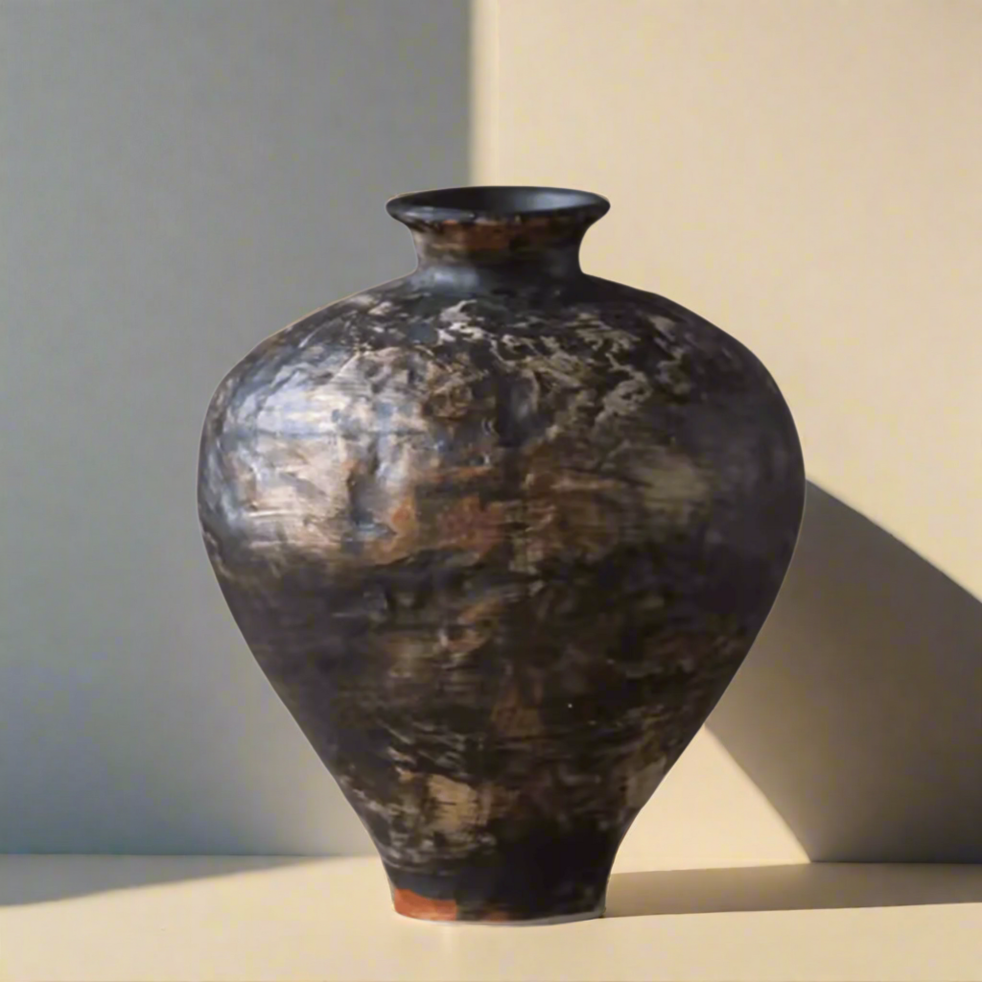 Black and gold ceramic vase on a white background