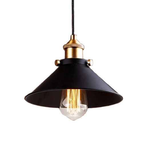 Black pendant light with gold accents on a white background