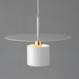 Modern pendant light with white glass shade and copper accents on a gray background