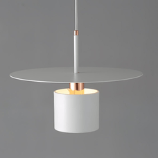 Modern pendant light with white glass shade and copper accents on a gray background
