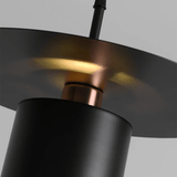 Close-up of a black and copper pendant light fixture against a gray background