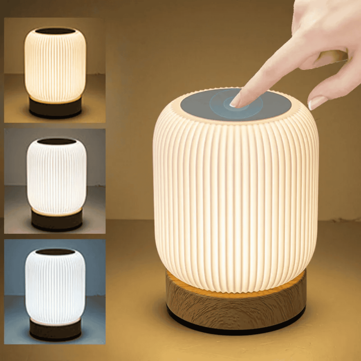 Modern table lamp with ribbed design and wooden base, featuring a hand pressing a button.