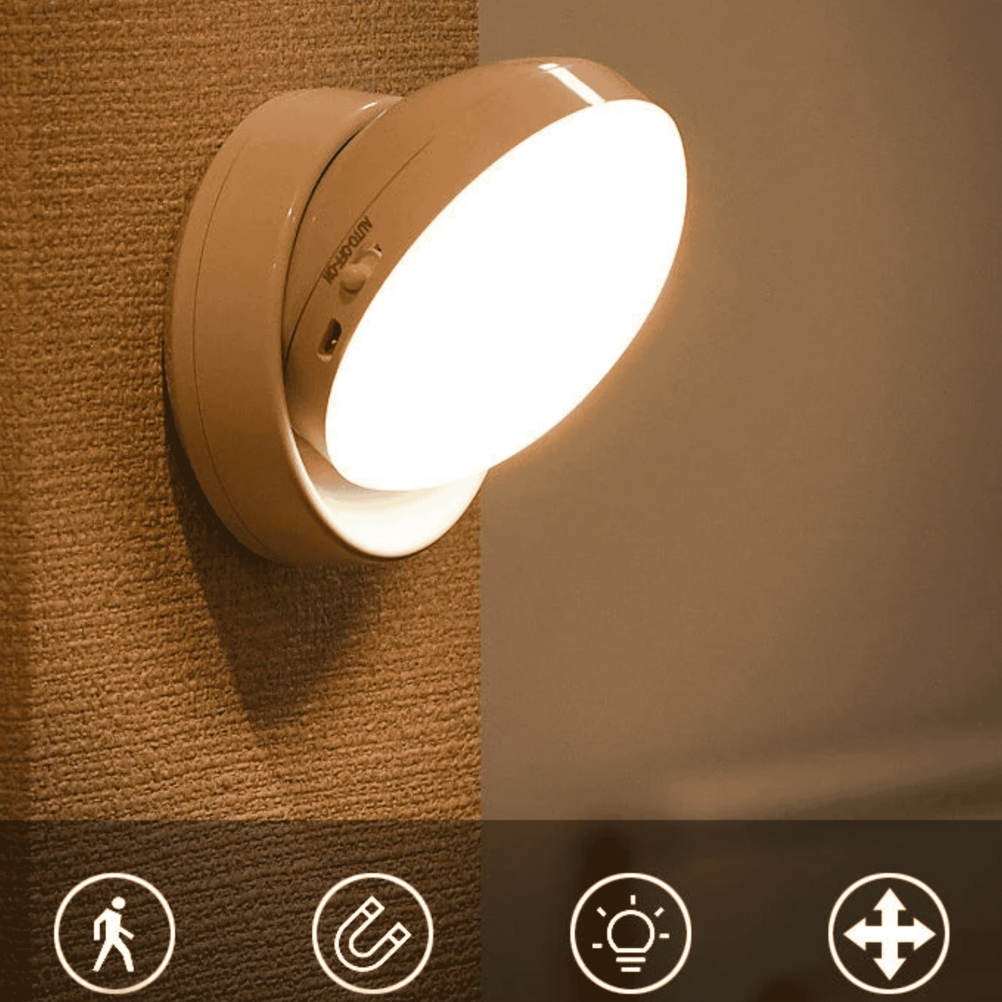 Wall-mounted light fixture on a textured wall with icons at the bottom.