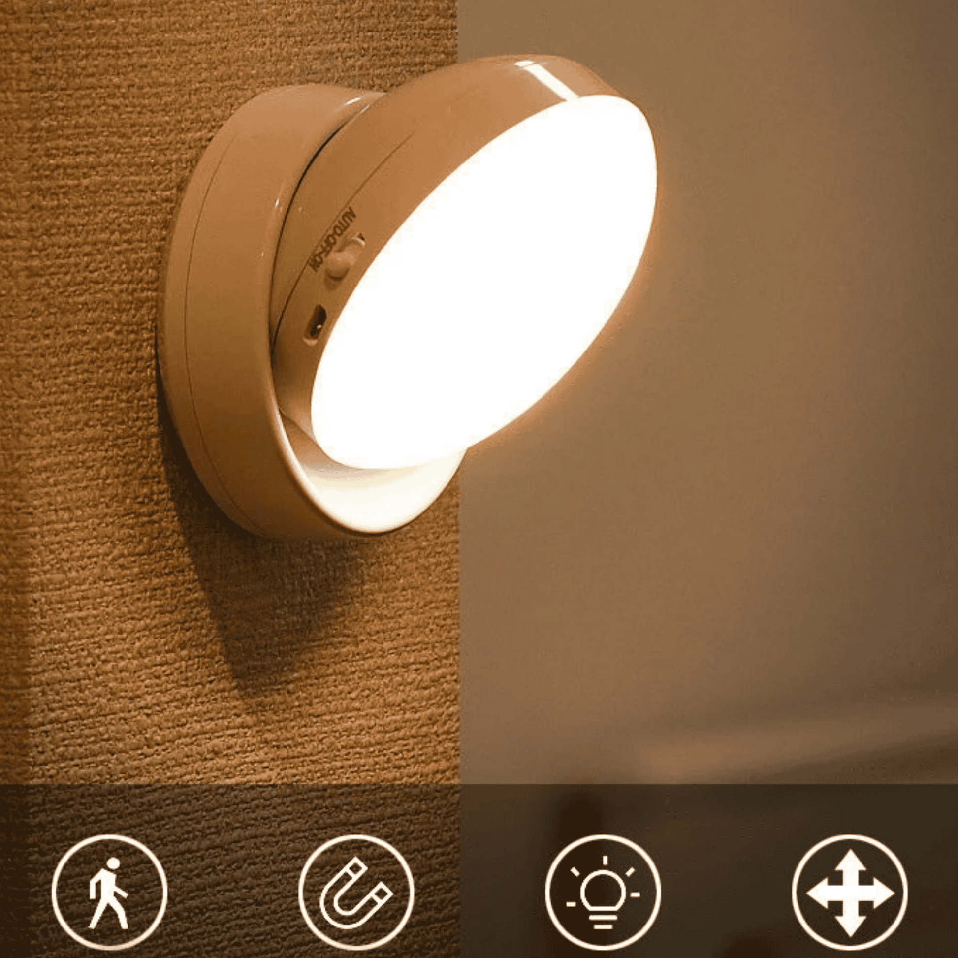 Wall-mounted light fixture on a textured wall with icons at the bottom.