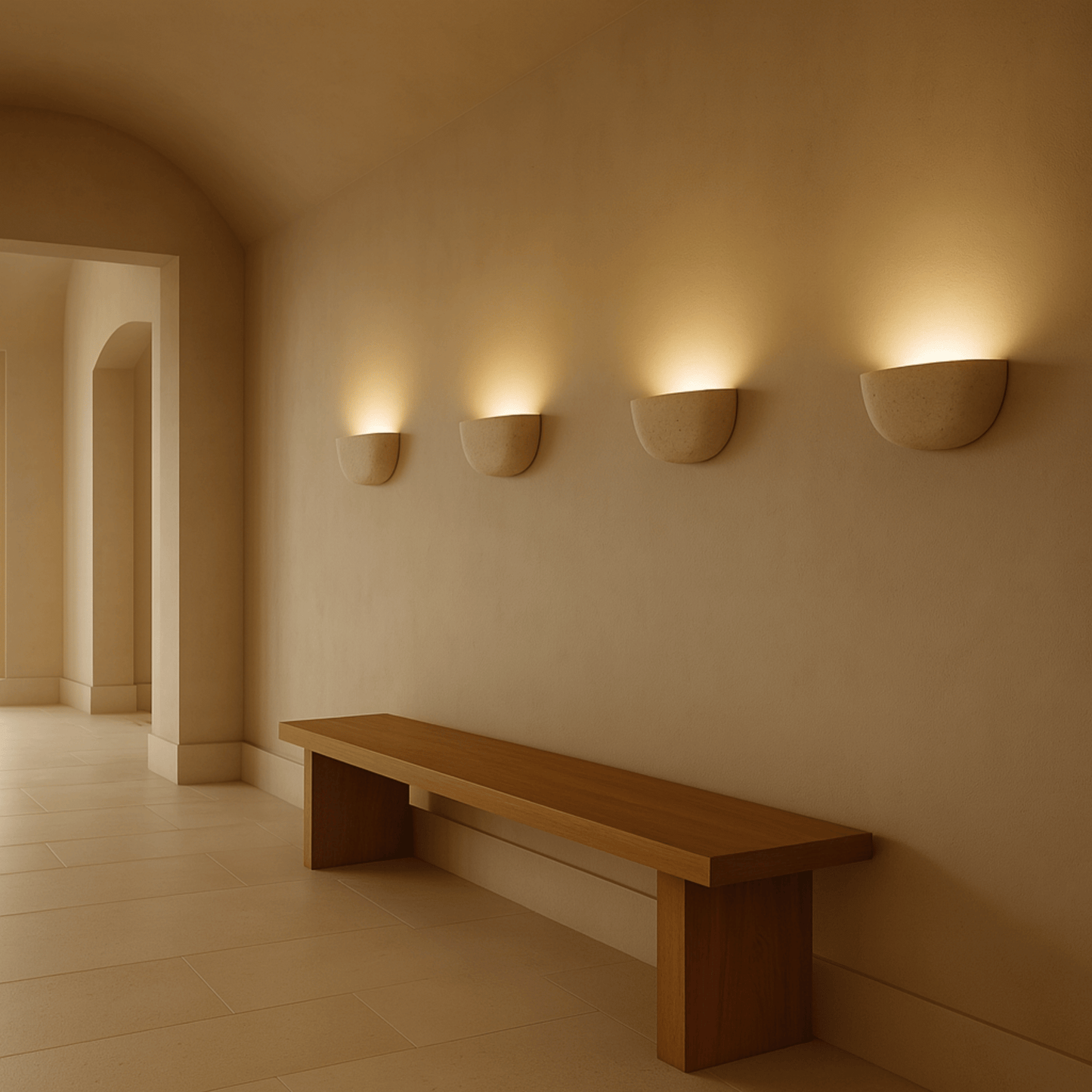 Wooden bench against a wall with three wall-mounted lights in a softly lit room.
