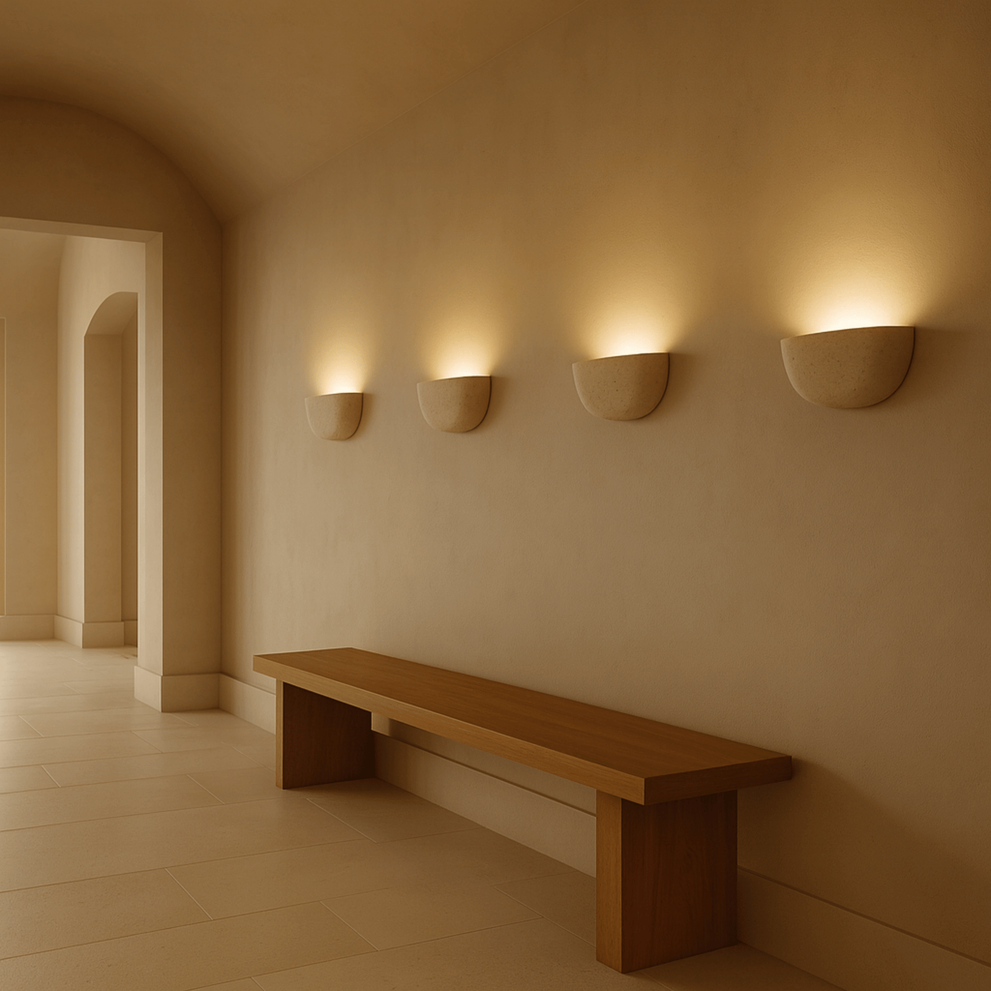 Wooden bench against a wall with three wall-mounted lights in a softly lit room.