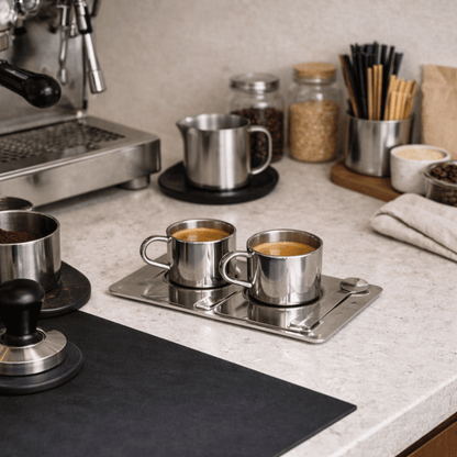 Two metal cups with espresso on a tray on a kitchen counter with coffee-making equipment.