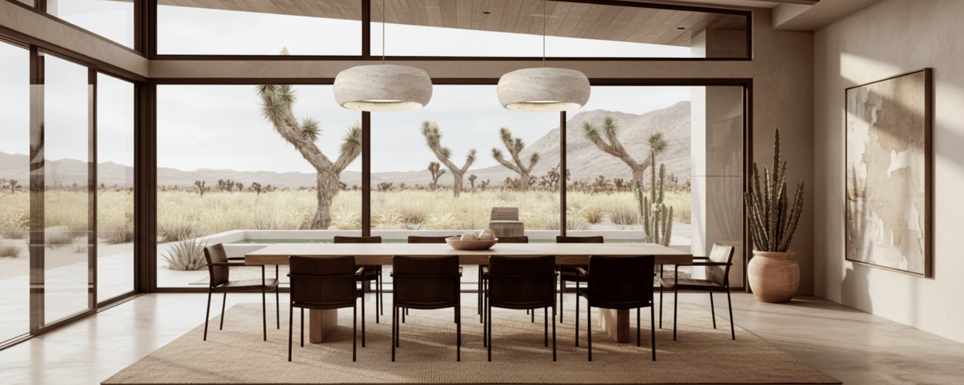Modern dining room with large windows overlooking a desert landscape