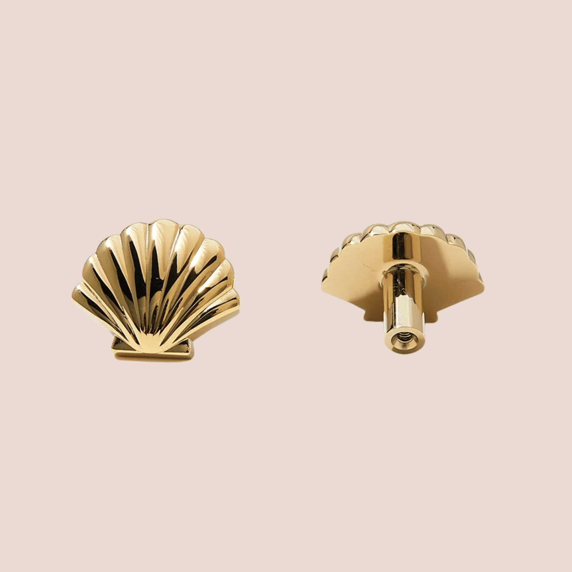 Gold shell-shaped cabinet handle on a beige background