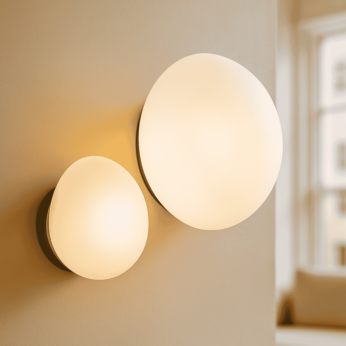 Two round wall lights on a beige wall with a blurred room background
