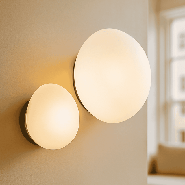 Two round wall lights on a beige wall with a blurred room background