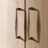Pair of bronze cabinet handles on a wooden surface