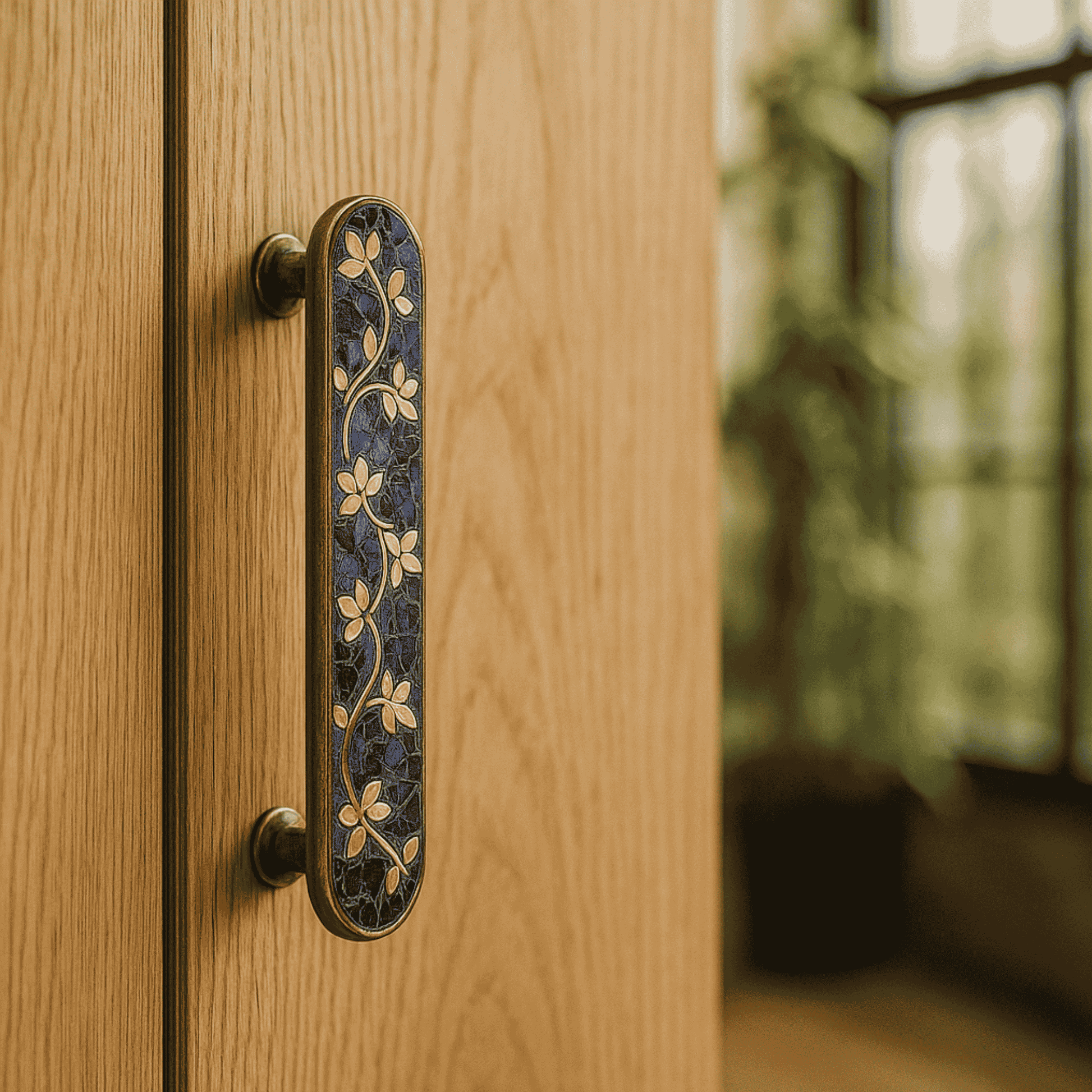 Decorative door handle on a wooden door with a blurred background
