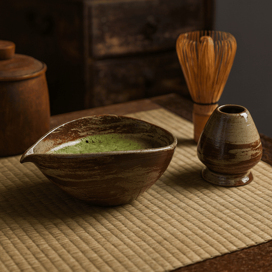 Traditional Japanese tea-making set on a tatami mat