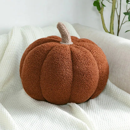 Brown teddy bear pumpkin on a white surface with a plant in the background