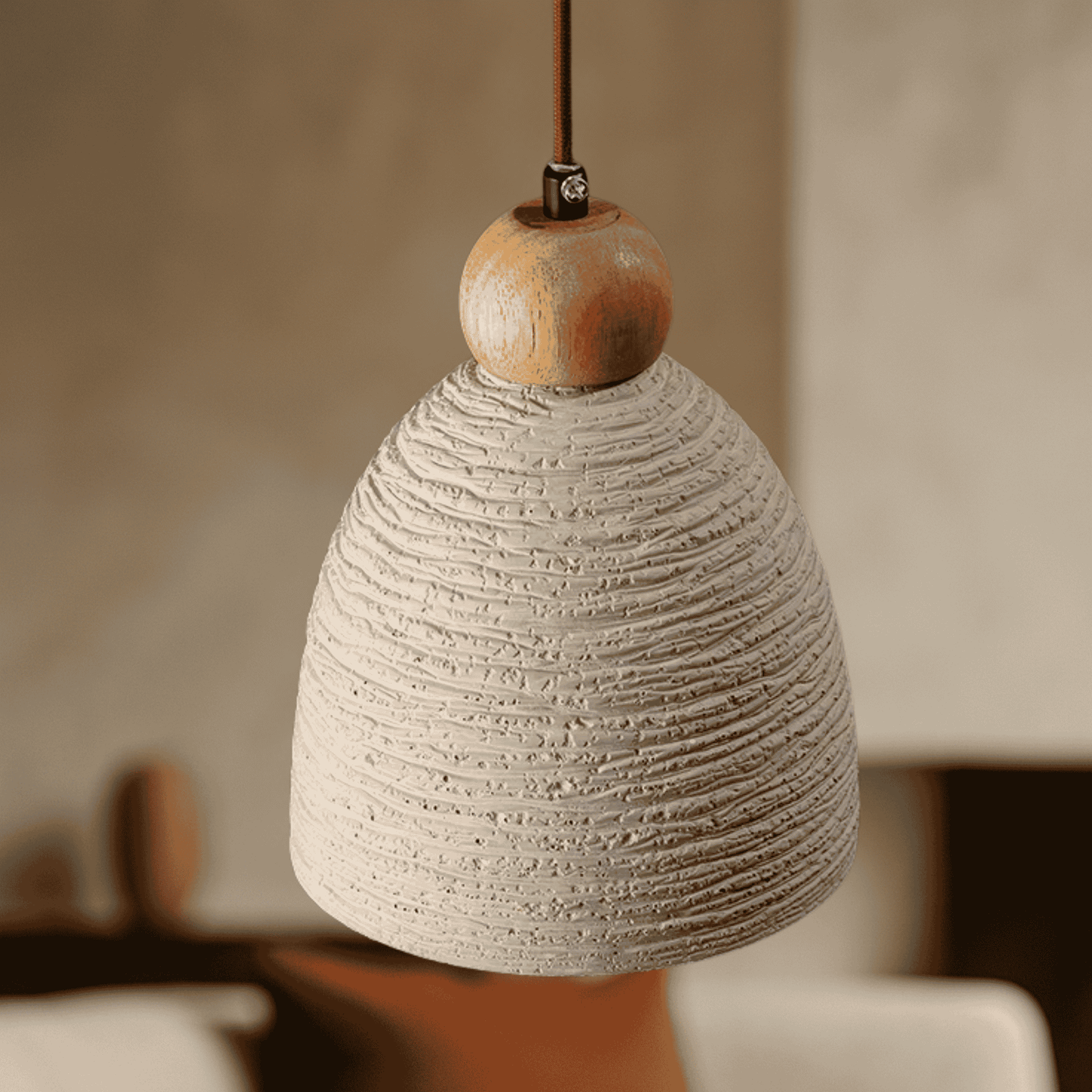 Ceiling microconcrete light pendant with Wood (close up of wood)