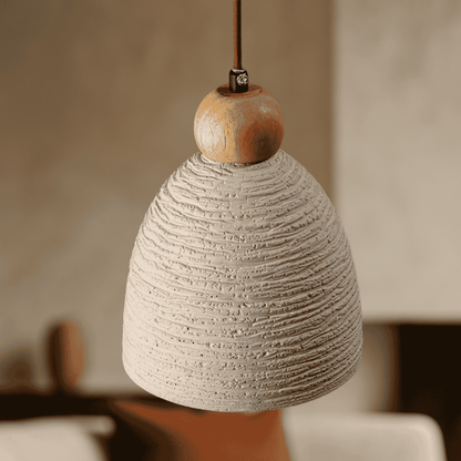 Ceiling microconcrete light pendant with Wood (close up of wood)