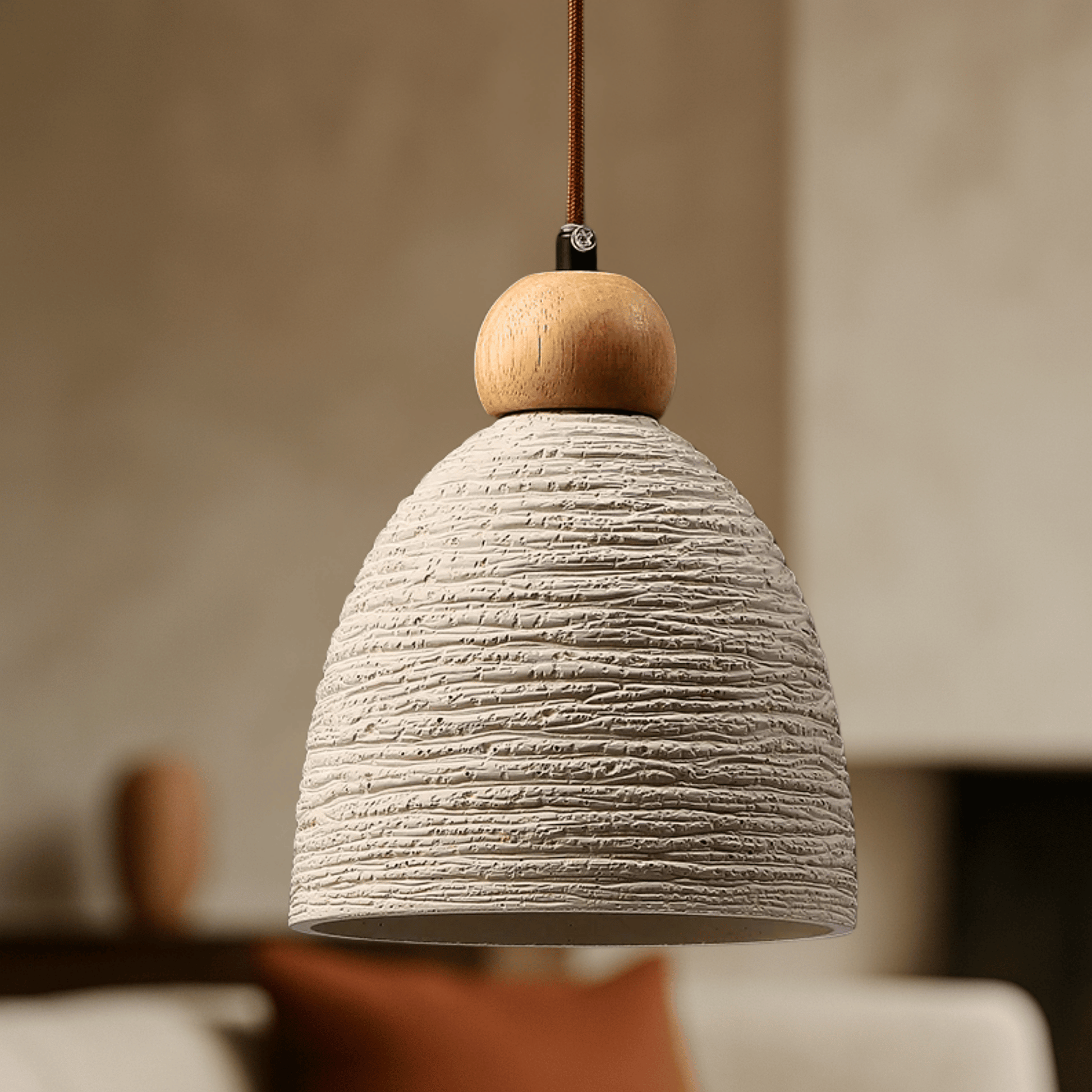 Ceiling microconcrete light pendant with Wood (front on light off)