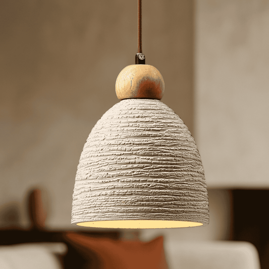 Ceiling microconcrete light pendant with Wood (front on light on)