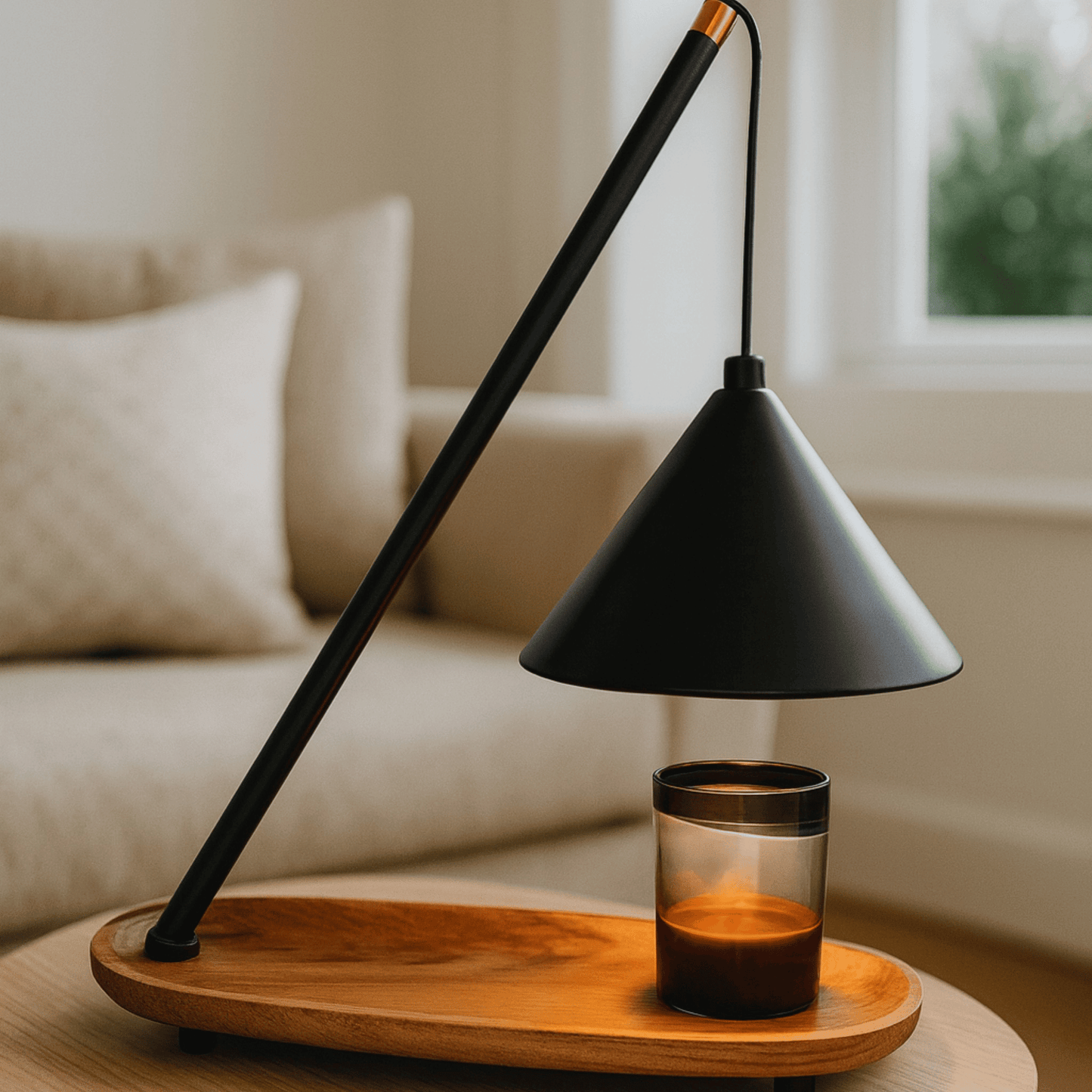 Modern black candle warmer lamp with a candle on a wooden tray in a cozy living room.