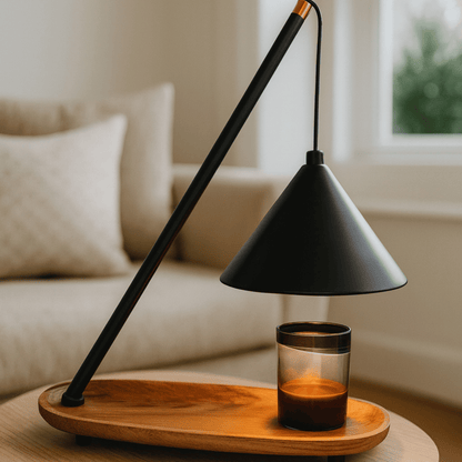 Modern black candle warmer lamp with a candle on a wooden tray in a cozy living room.