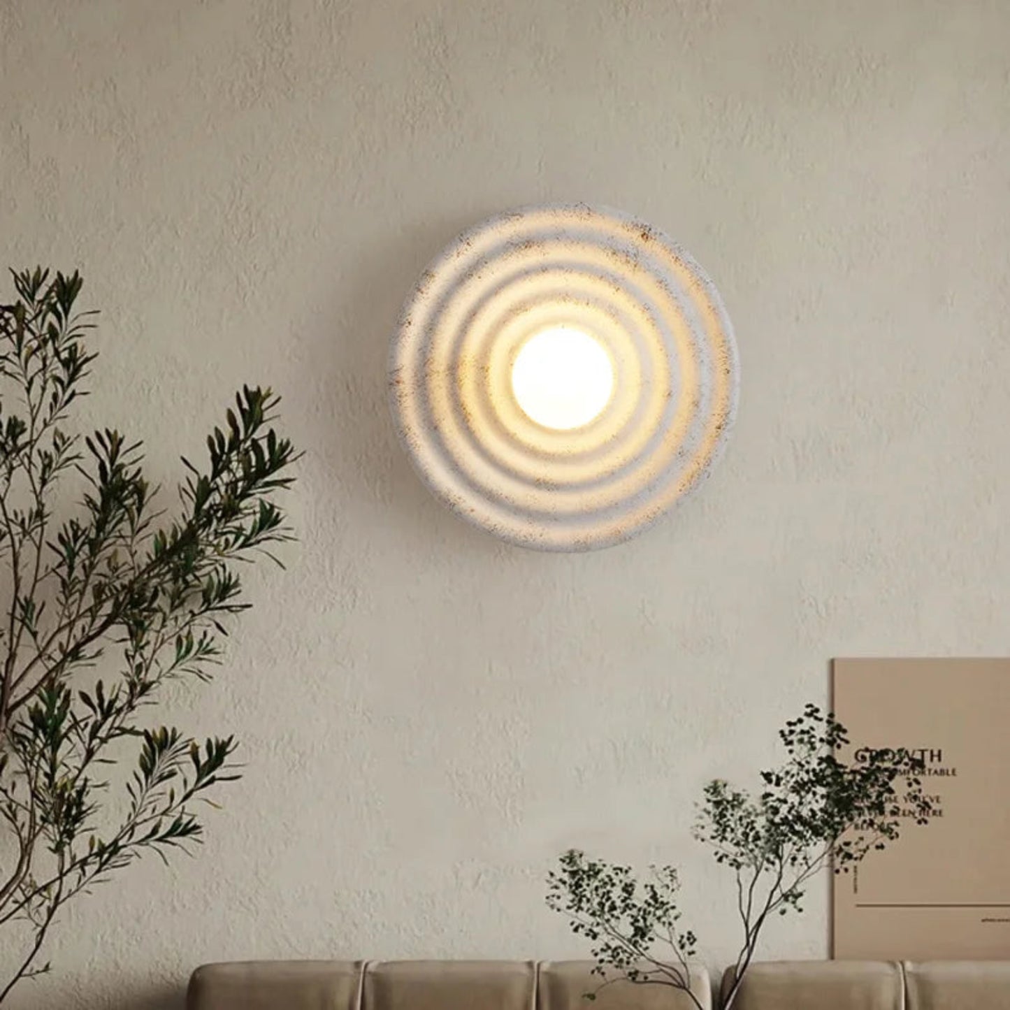 Round wall light fixture on a neutral wall with decorative plants.
