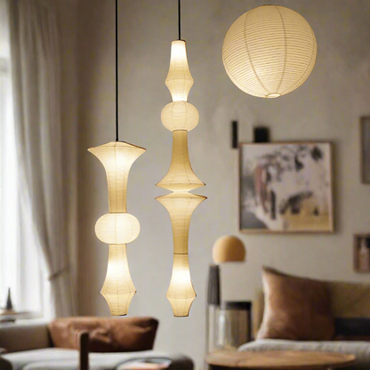 Set of hanging paper lanterns in a room setting