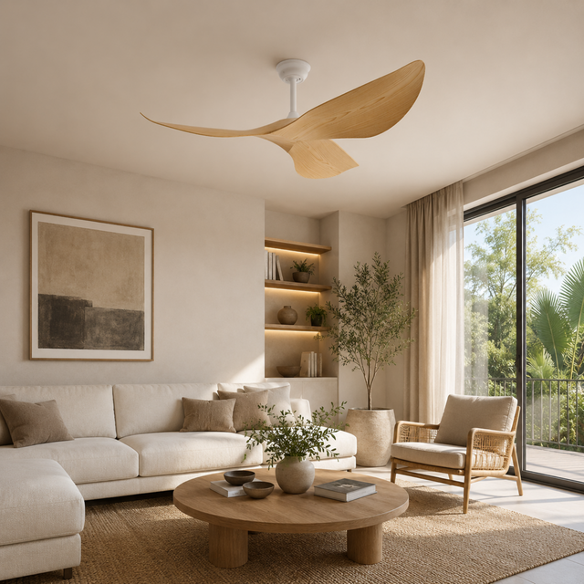 Modern living room with a ceiling fan, sofa, coffee table, and armchair.