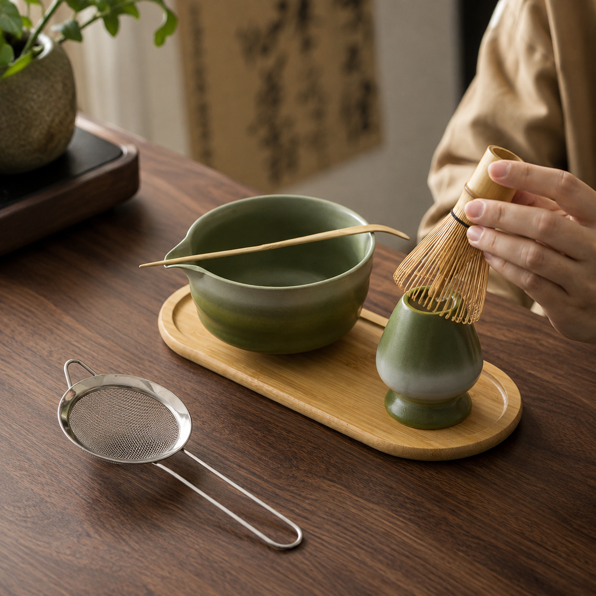 A hand holds a bamboo whisk over a green ceramic tea bowl and matching holder on a wooden tray, set on a dark wood table with a metal strainer nearby.