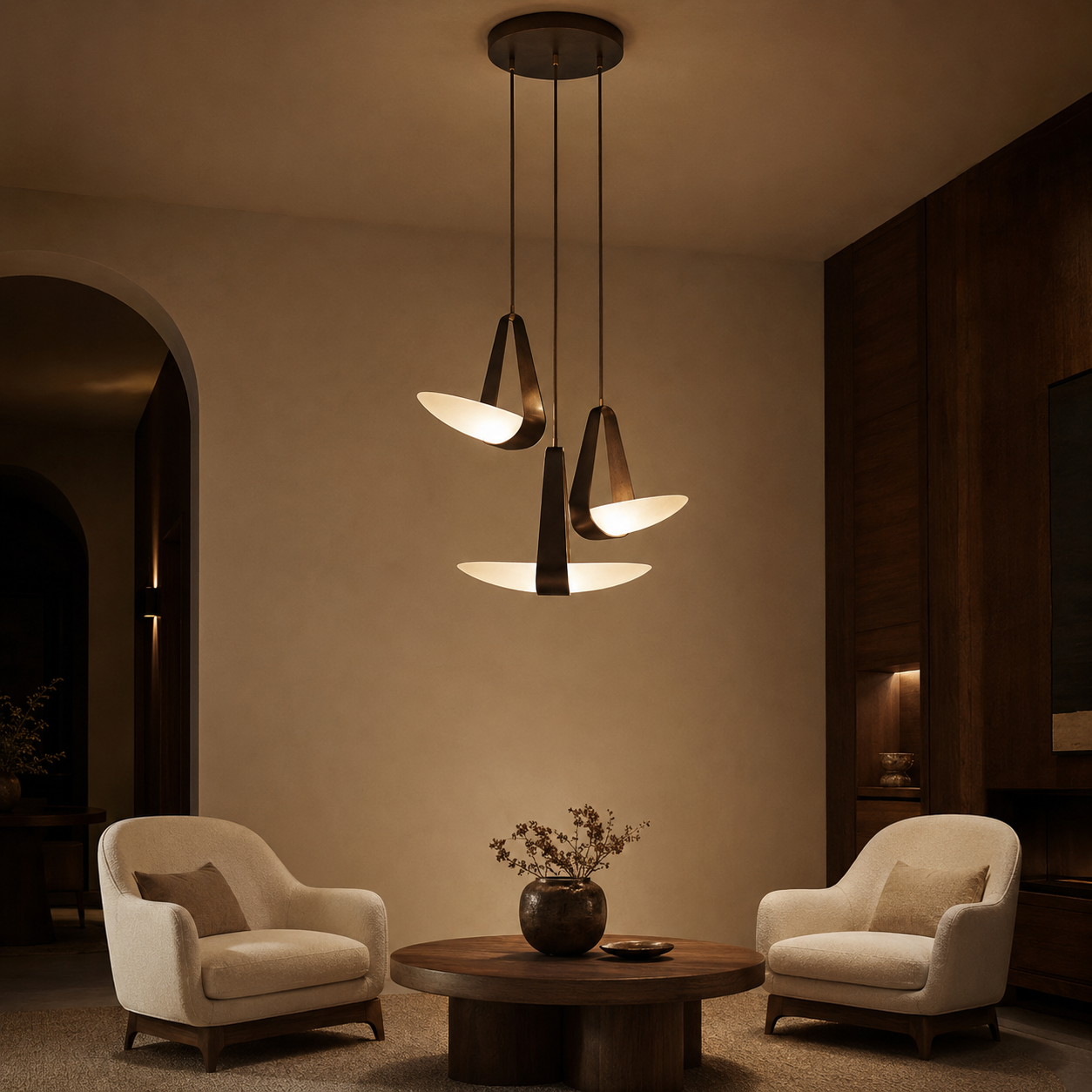 A modern three-light pendant chandelier with dark metal cone-shaped shades and glowing white oval diffusers, hanging in a warm, dimly lit living room with two cream armchairs and a round wooden coffee table.
