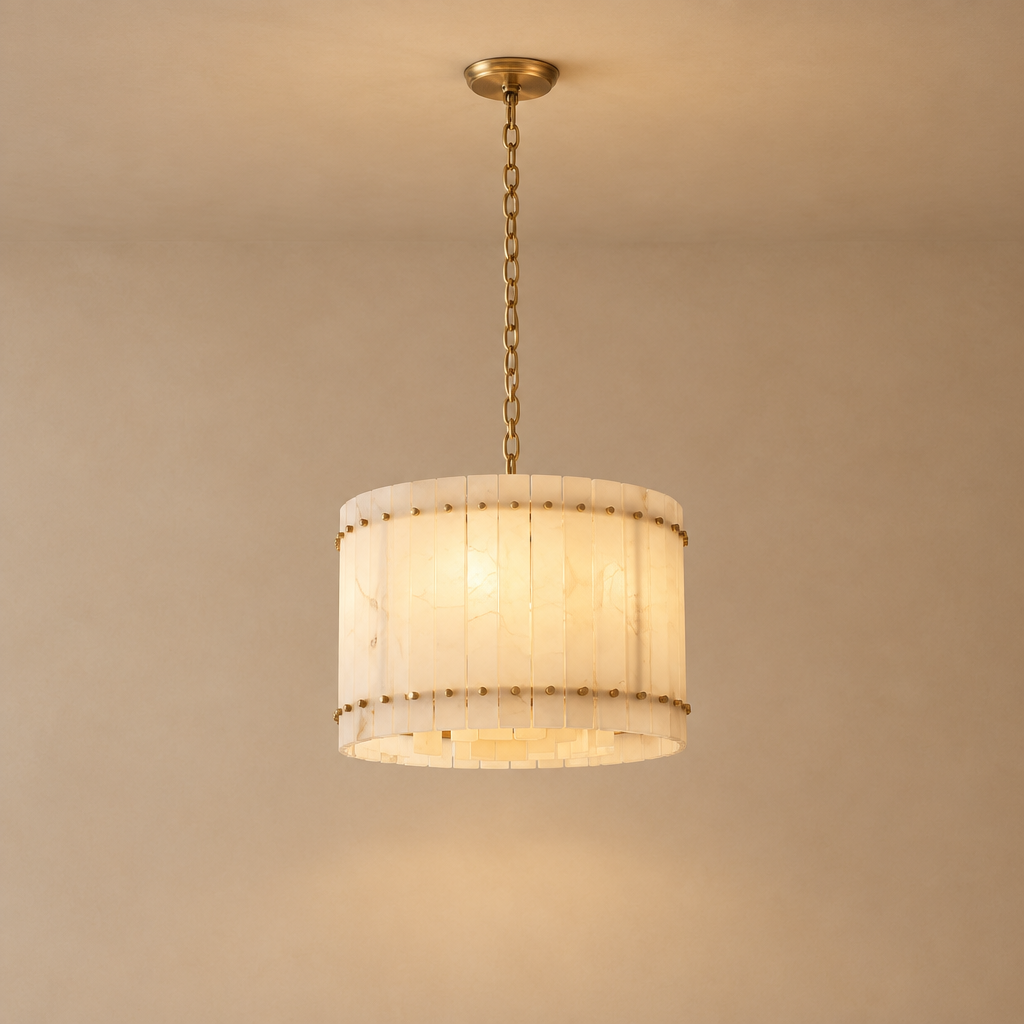 American Natural Alabaster and Brass Lighting – Round 40cm – premium beige background