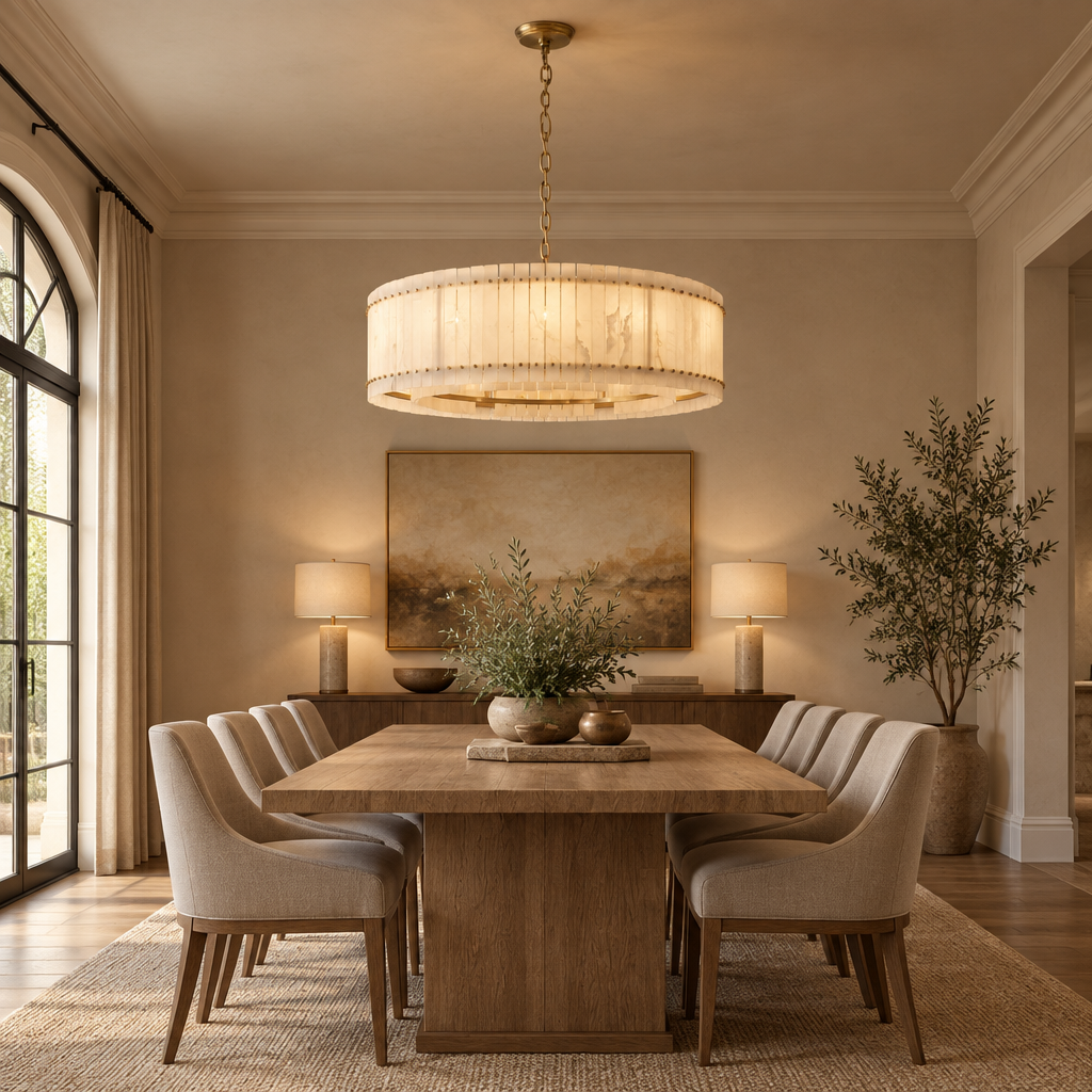 American Natural Alabaster and Brass Lighting – Round 100cm – large dining room lifestyle