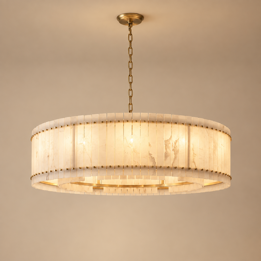 American Natural Alabaster and Brass Lighting – Round 100cm – premium beige background