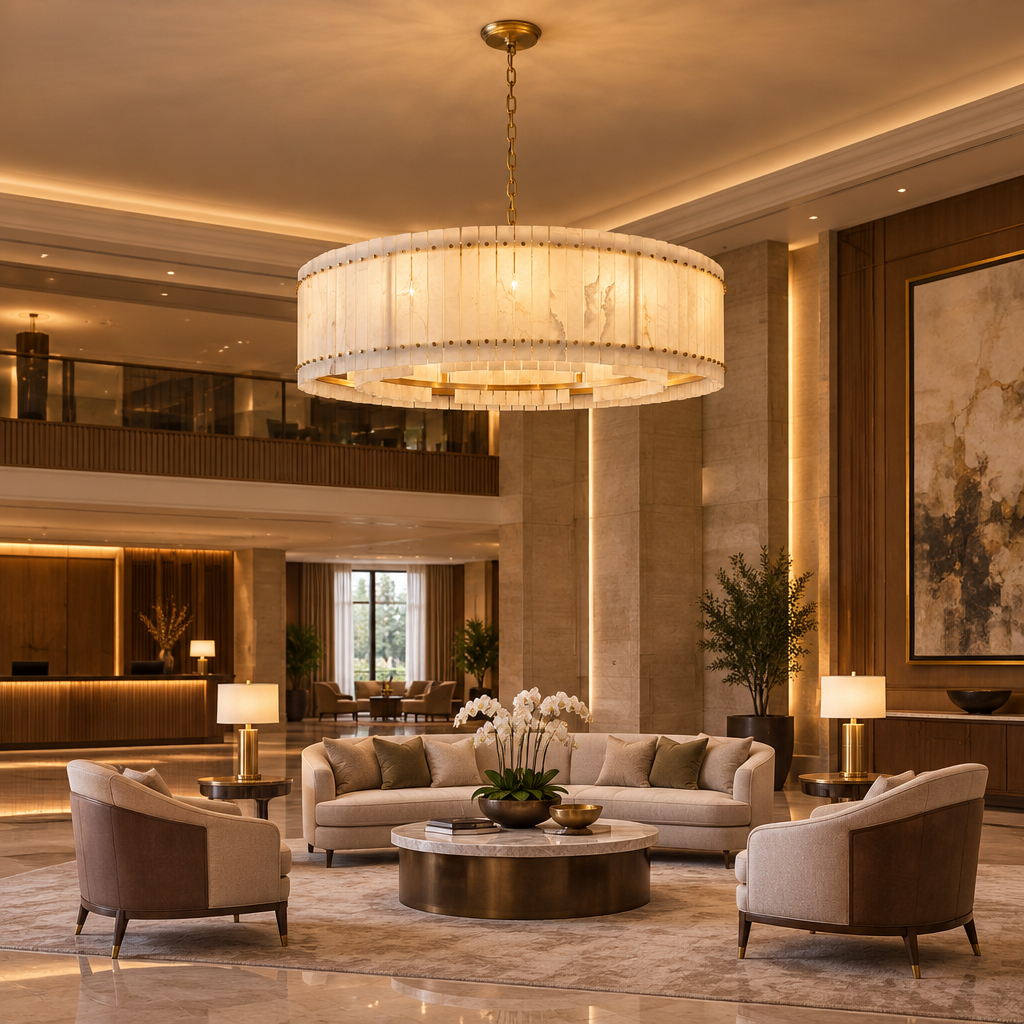 American Natural Alabaster and Brass Lighting – Round 150cm – grand hotel lobby lifestyle