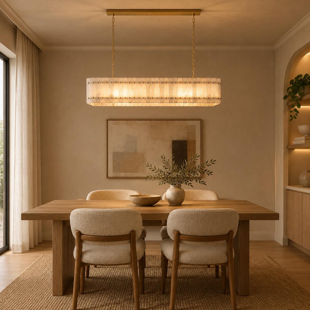 American Natural Alabaster and Brass Lighting – Rectangular 85cm – small dining table lifestyle