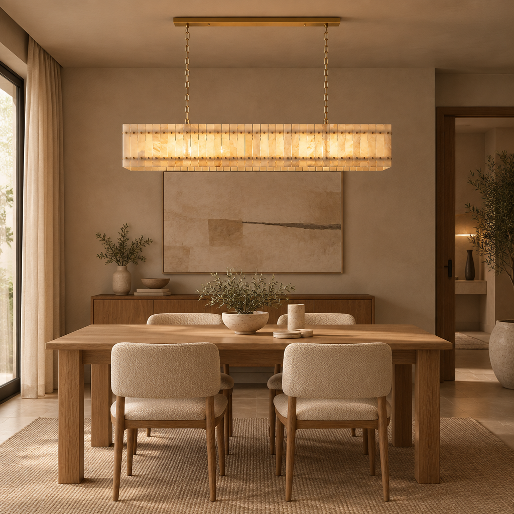 American Natural Alabaster and Brass Lighting – Rectangular 100cm – four-seat dining lifestyle