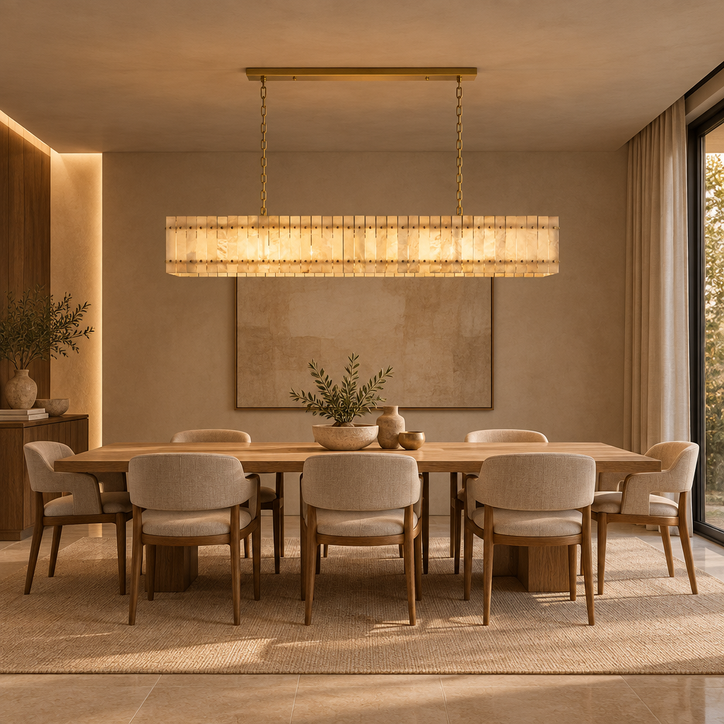 American Natural Alabaster and Brass Lighting – Rectangular 180cm – long dining table lifestyle