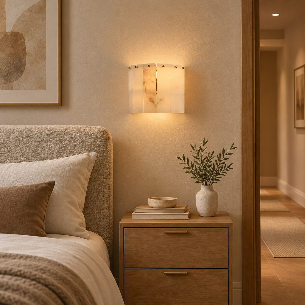 American Natural Alabaster and Brass Lighting – Wall Lamp A 25 × 20cm – bedside lifestyle