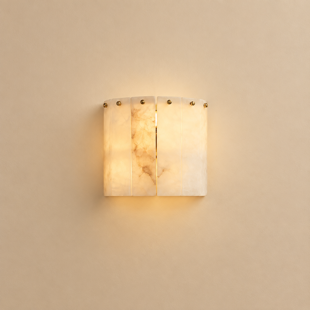 American Natural Alabaster and Brass Lighting – Wall Lamp A 25 × 20cm – premium beige background