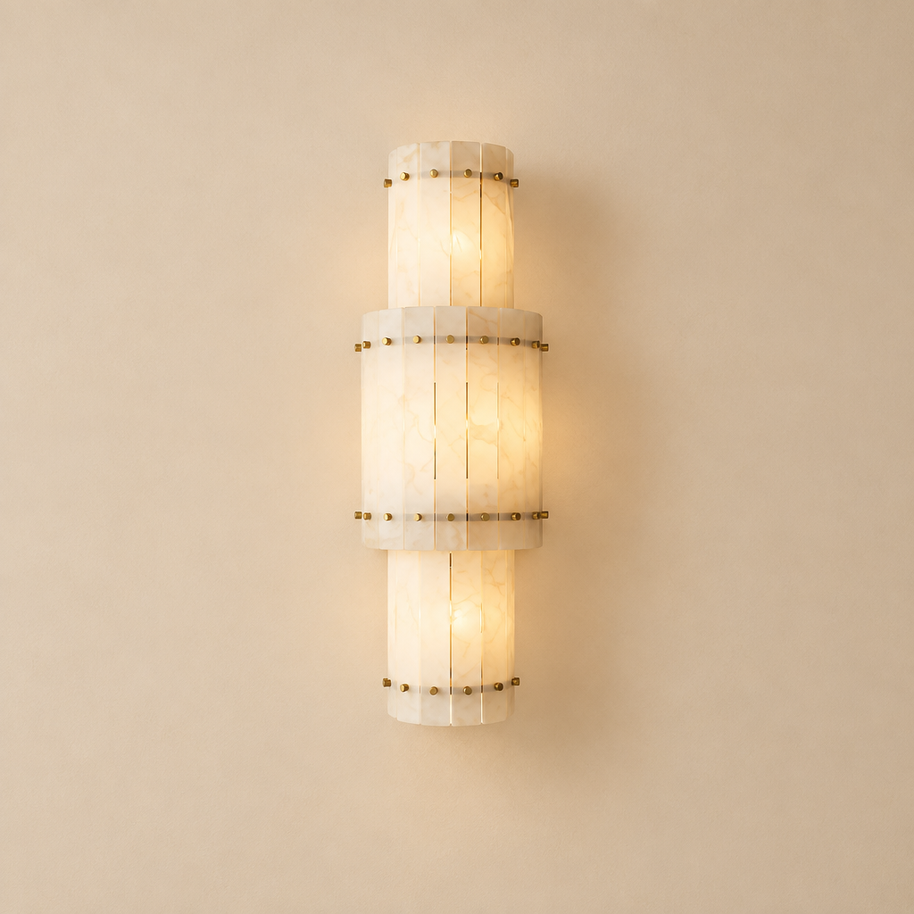 American Natural Alabaster and Brass Lighting – Wall Lamp C 32 × 95cm – premium beige background