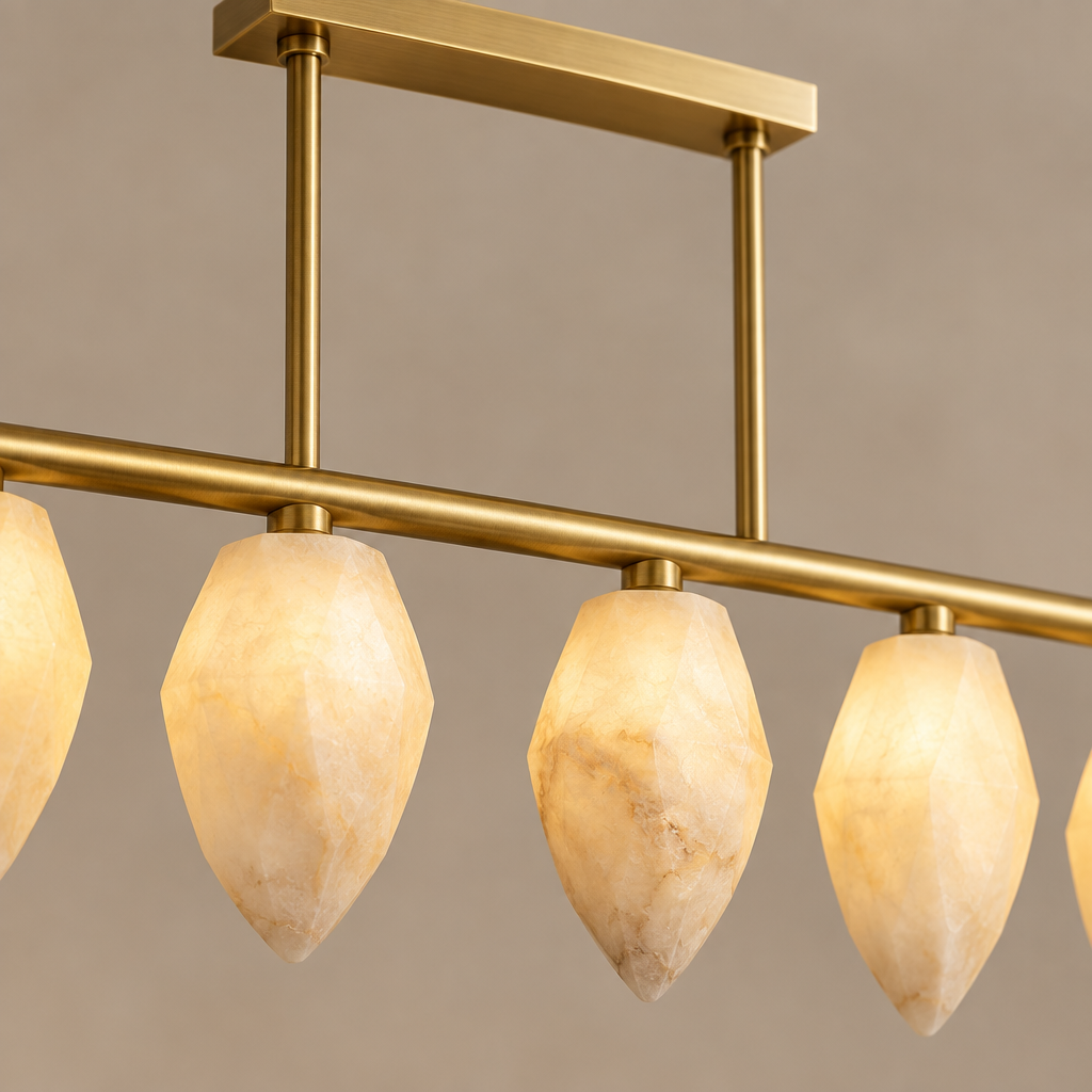 Alabaster chandelier – L120cm – close-up Tight macro crop of actual material and metal connection, product extends OUTSIDE frame. Show detailed texture, not entire fixture.