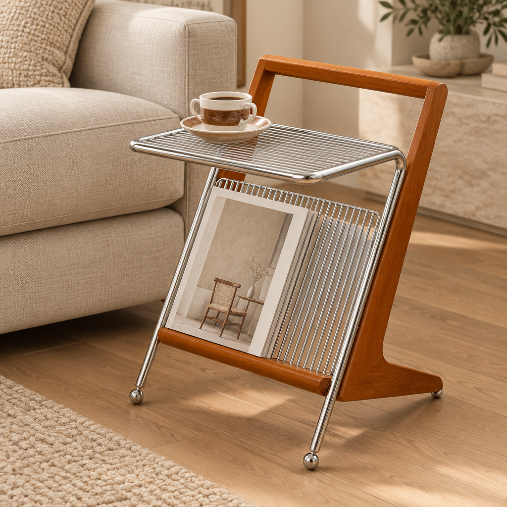 Wood and chrome side table – A – lifestyle Beside linen sofa in calm elegant living room, small cup on chrome tray and neutral magazine in rack.