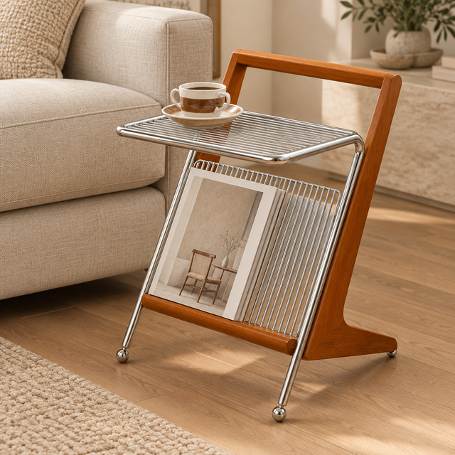Wood and chrome side table – A – lifestyle Beside linen sofa in calm elegant living room, small cup on chrome tray and neutral magazine in rack.