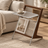Wood and chrome side table – B – lifestyle Beside linen sofa in calm elegant living room, small cup on chrome tray and neutral magazine in rack.