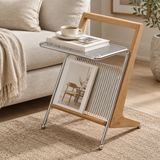 Wood and chrome side table – C – lifestyle Beside linen sofa in calm elegant living room, small cup on chrome tray and neutral magazine in rack.