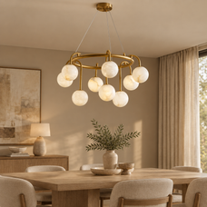 Marble ball light – 70cm Brass – lifestyle Installed above dining table in elegant warm beige dining room, ceiling connection visible, exact scale relative normal furniture.