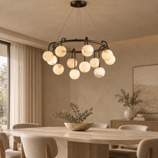Marble ball light – 80cm Black – lifestyle Installed above dining table in elegant warm beige dining room, ceiling connection visible, exact scale relative normal furniture.