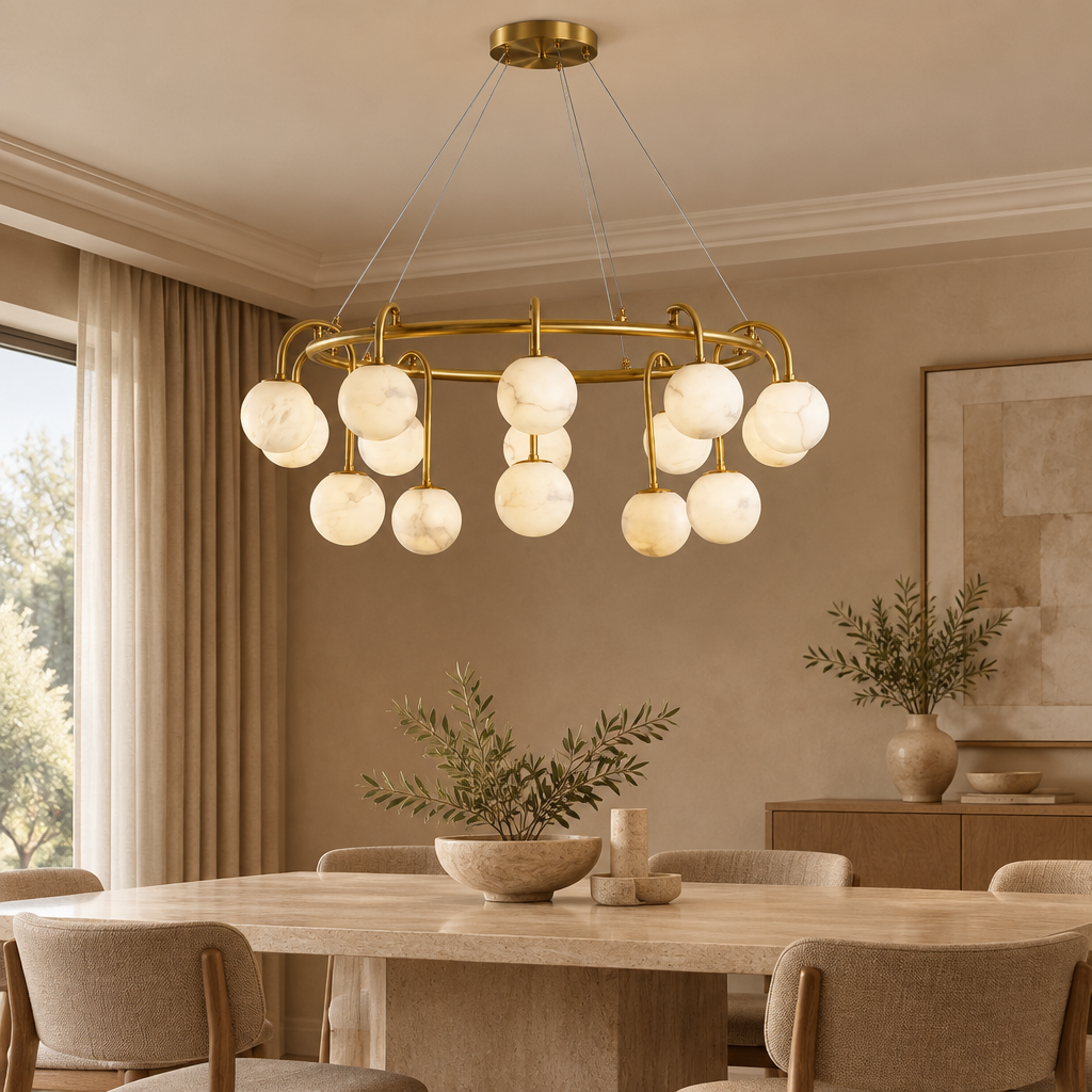 Marble ball light – 100cm Brass – lifestyle Installed above dining table in elegant warm beige dining room, ceiling connection visible, exact scale relative normal furniture.